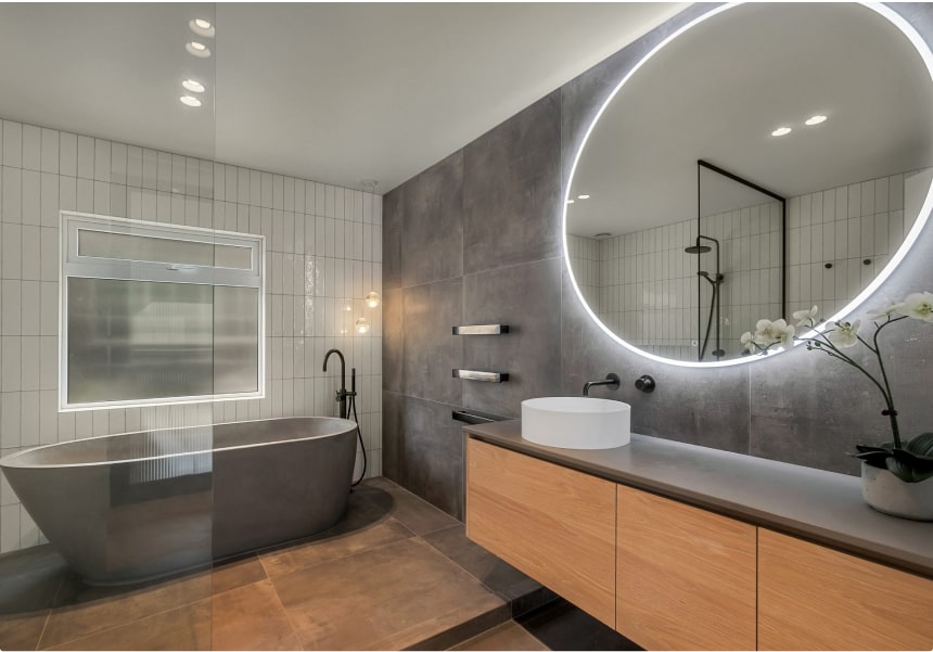 Modern grey and wood tone bathroom