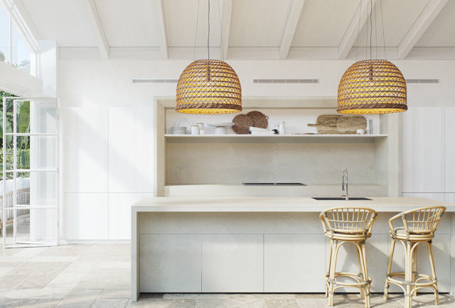 Boho coastal kitchen all white